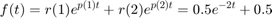 $$f(t)=r(1)e^{p(1)t} + r(2)e^{p(2)t} = 0.5e^{-2t} + 0.5$$